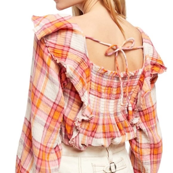 FREE PEOPLE Siena Plaid Pullover Cotton Smocked Ruffle Blouse S - Picture 1 of 9
